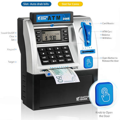 Gaffin Bank ATM machine with labeled components on a white background