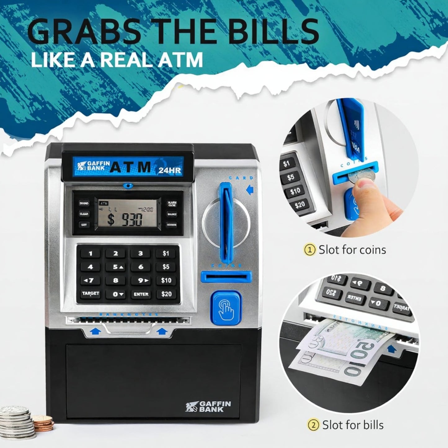 Smart ATM Piggy Bank for Kids - Real Money Safe, Coin Recognition & Bill Feeder