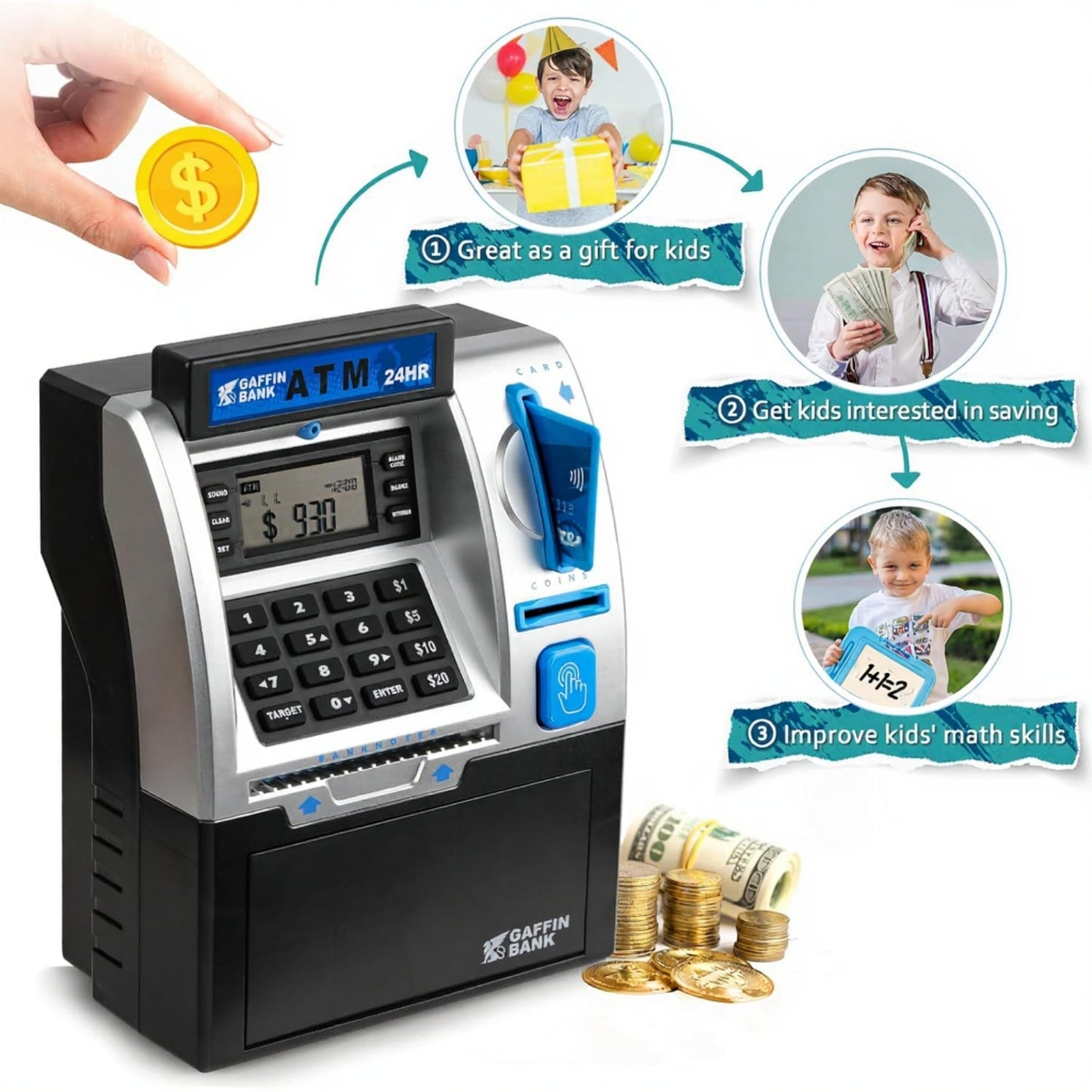 Smart ATM Piggy Bank for Kids - Real Money Safe, Coin Recognition & Bill Feeder