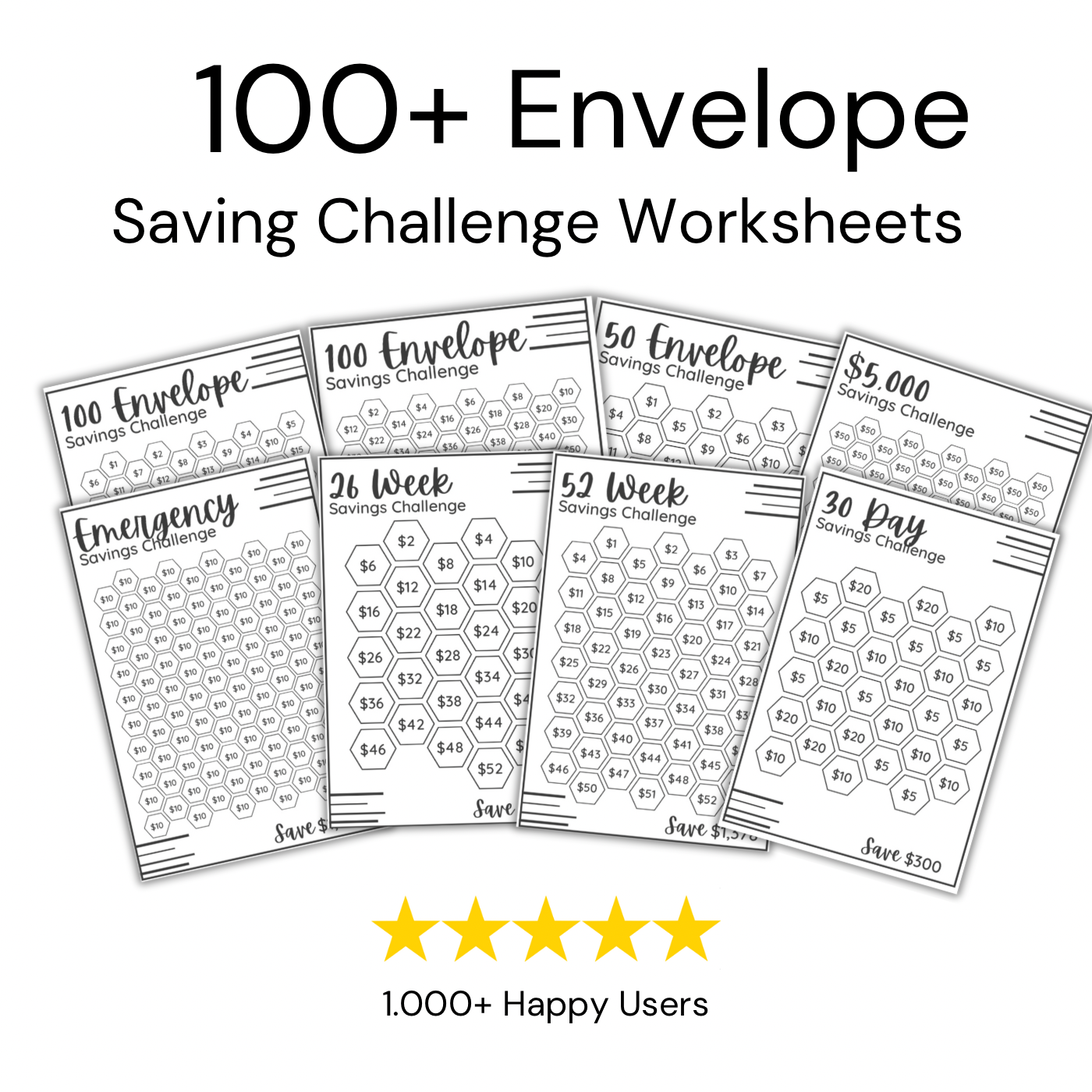 Digital 100 Envelope Saving Challenge Worksheets