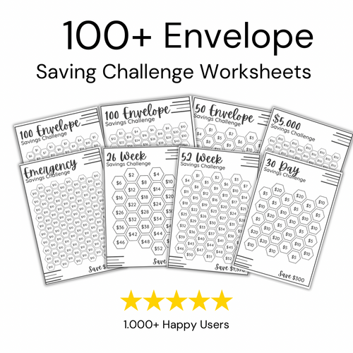 Digital 100 Envelope Saving Challenge Worksheets